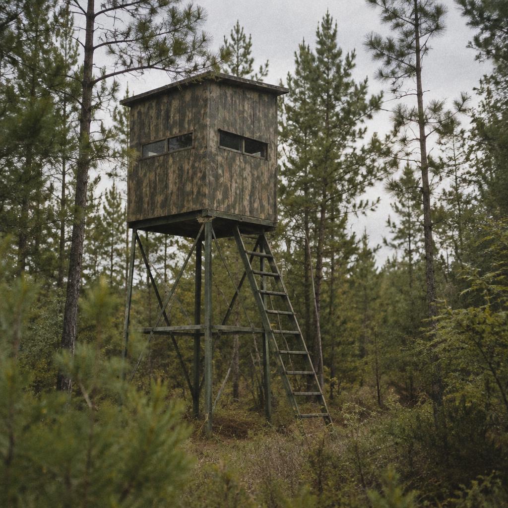 Elevated camouflaged tower hunting blind with a ladder in a pine stand